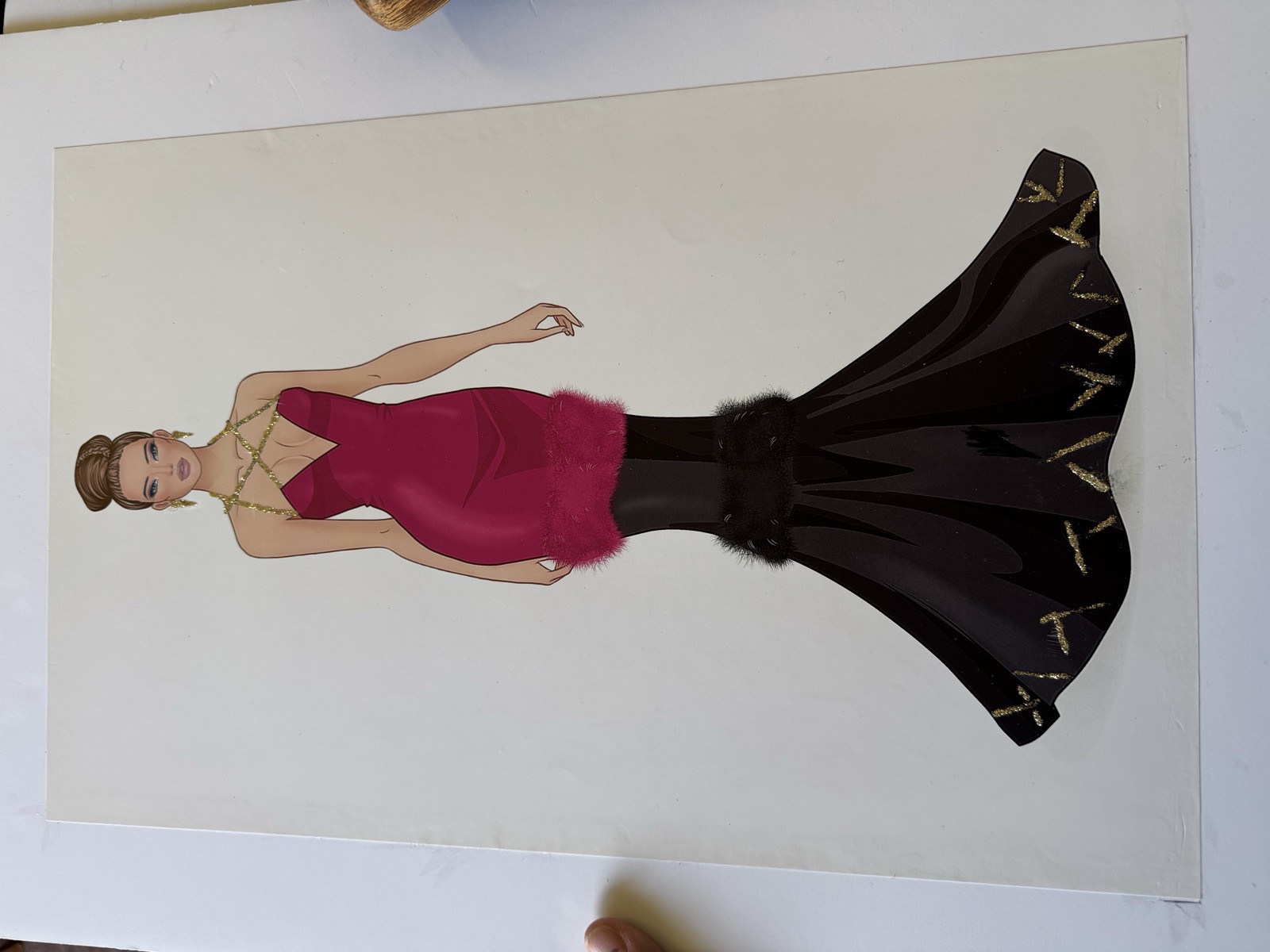 Sketch for Look 1 — red gown with feather hem