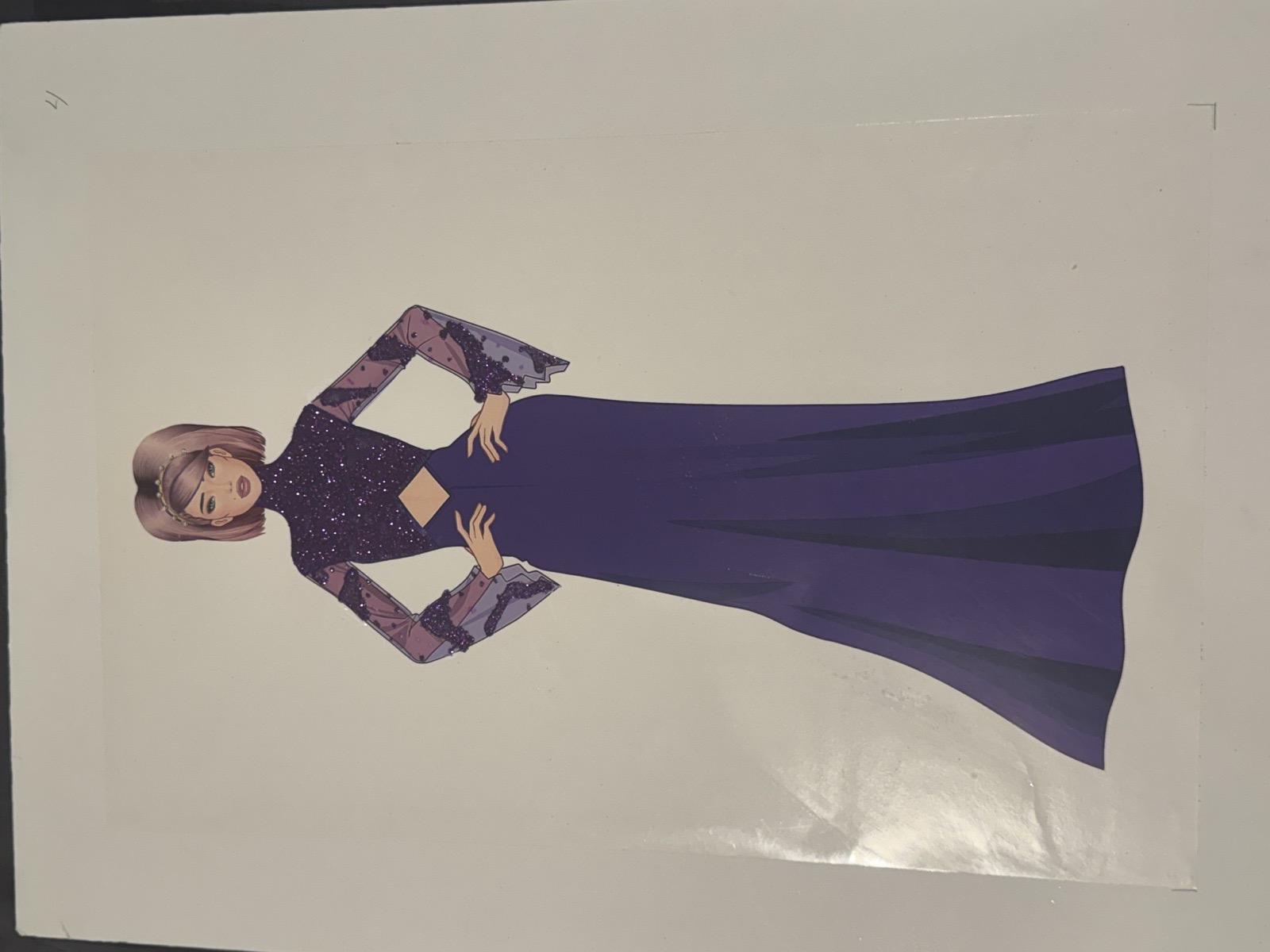 Sketch for Look 6 — violet gown, trumpet silhouette