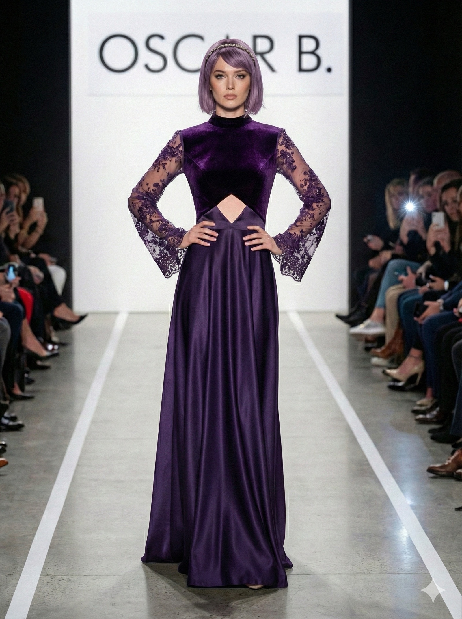 violet gown, trumpet silhouette