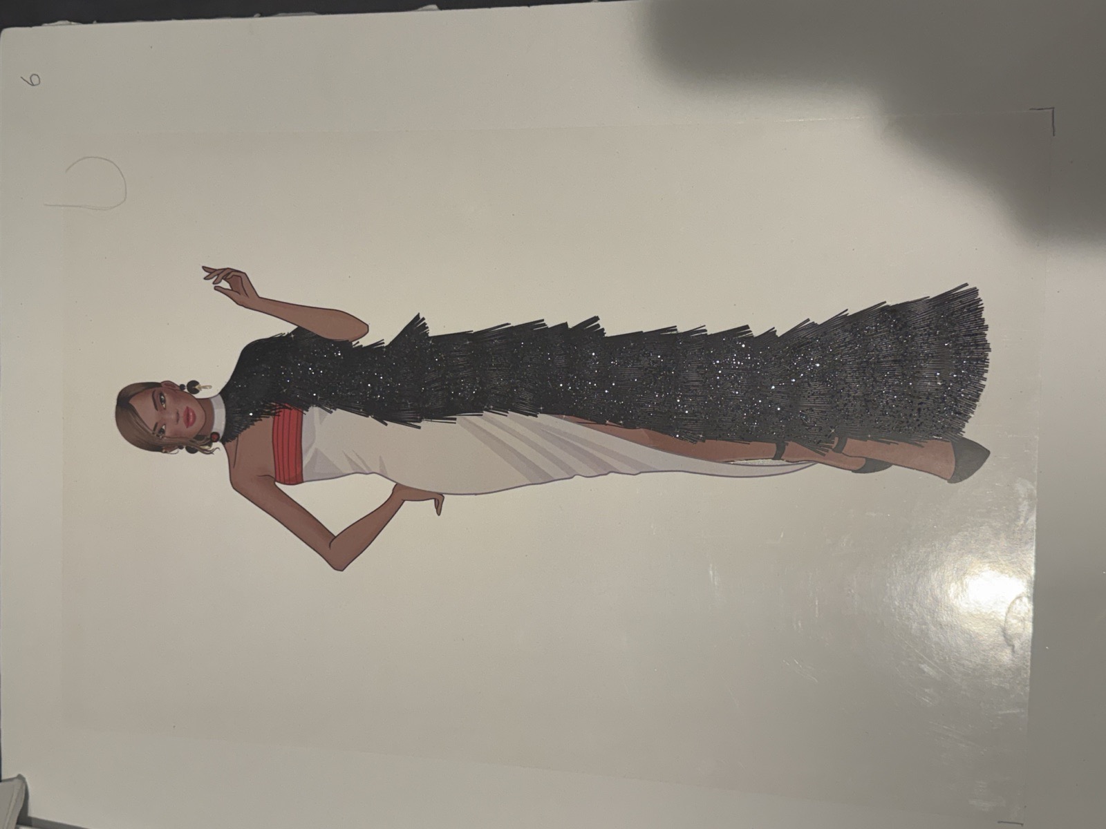 Sketch for Look 7 — ivory satin with black beaded fringe