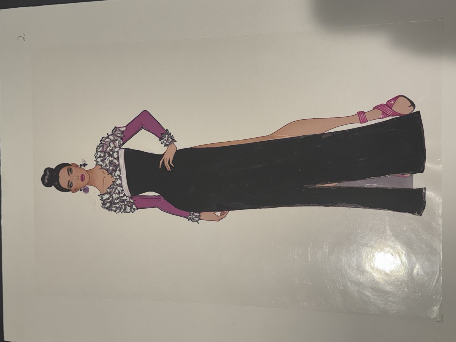 Sketch for Look 9 — black with pink panels