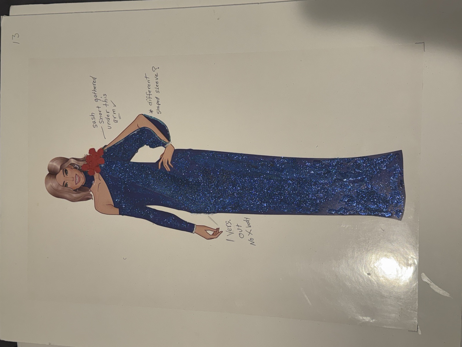Sketch for Look 11 — navy sequin with rose shoulder