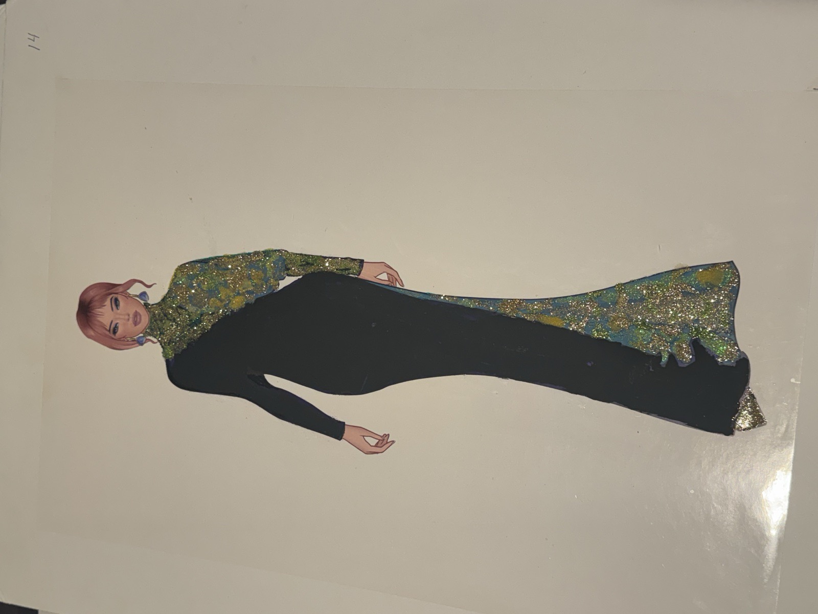 Sketch for Look 14 — black gown with sequin side panels