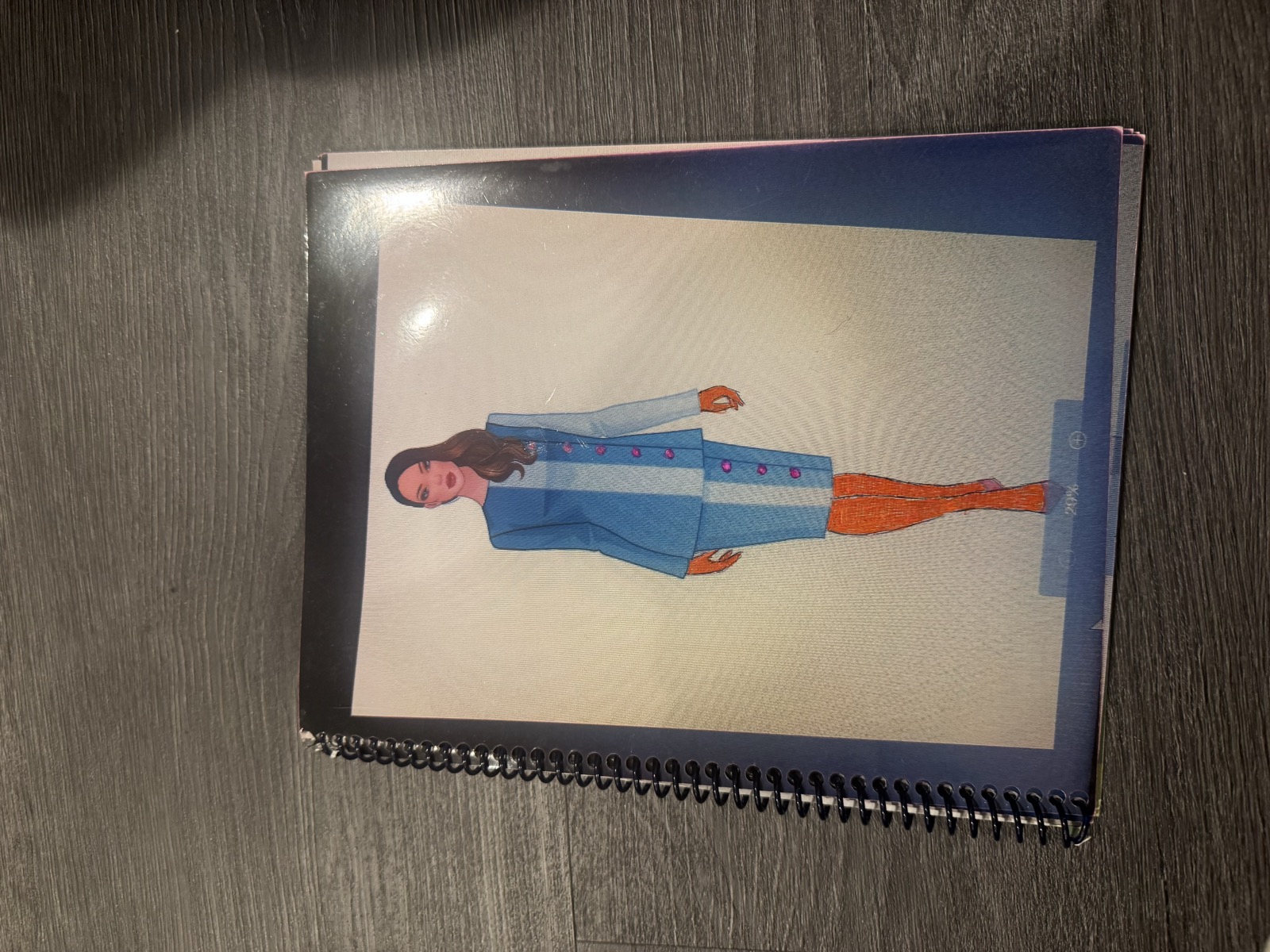 Sketch for Look 16 — blue color-blocked skirt suit