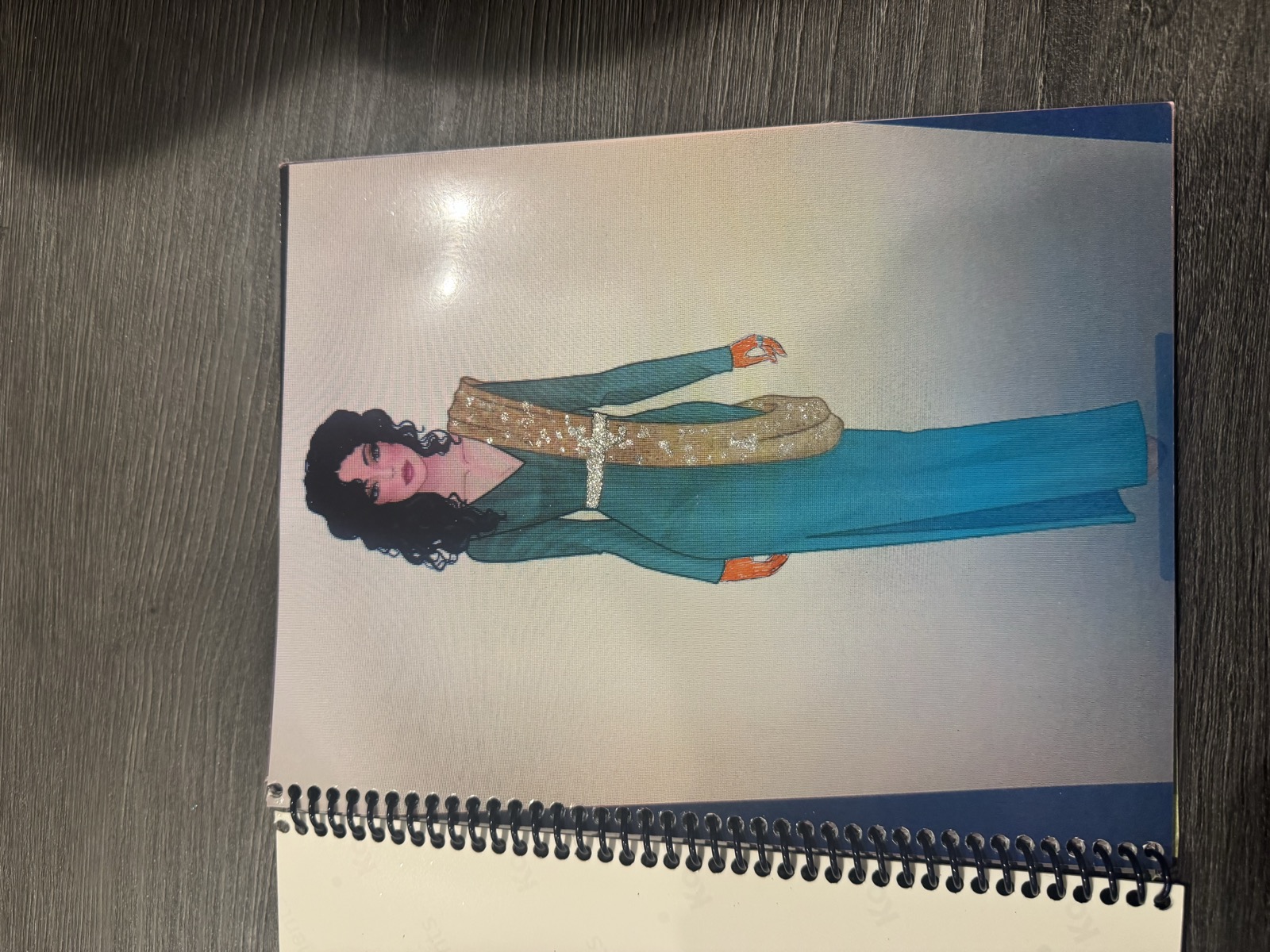Sketch for Look 19 — teal gown with gold crystal sash