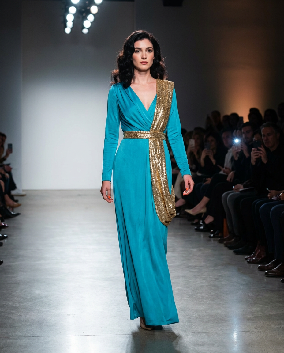 teal gown with gold crystal sash