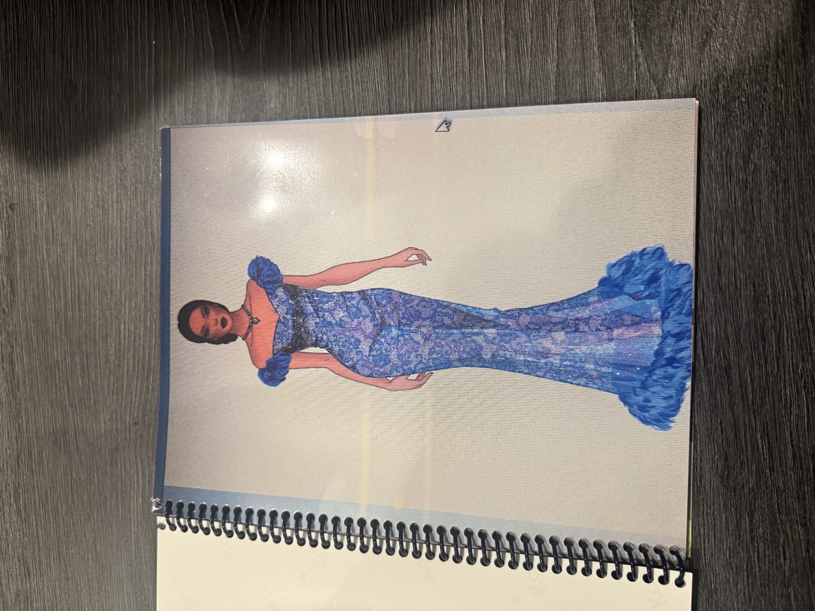 Sketch for Look 20 — blue sequin gown with feather trim
