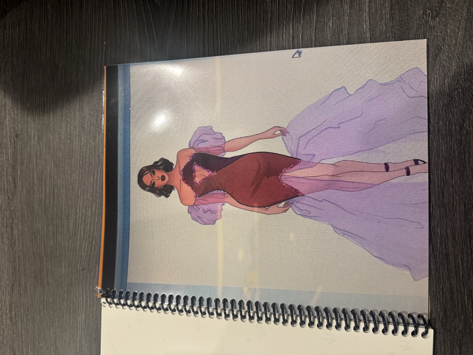 Sketch for Look 24 — wine velvet mini with lavender tulle overskirt