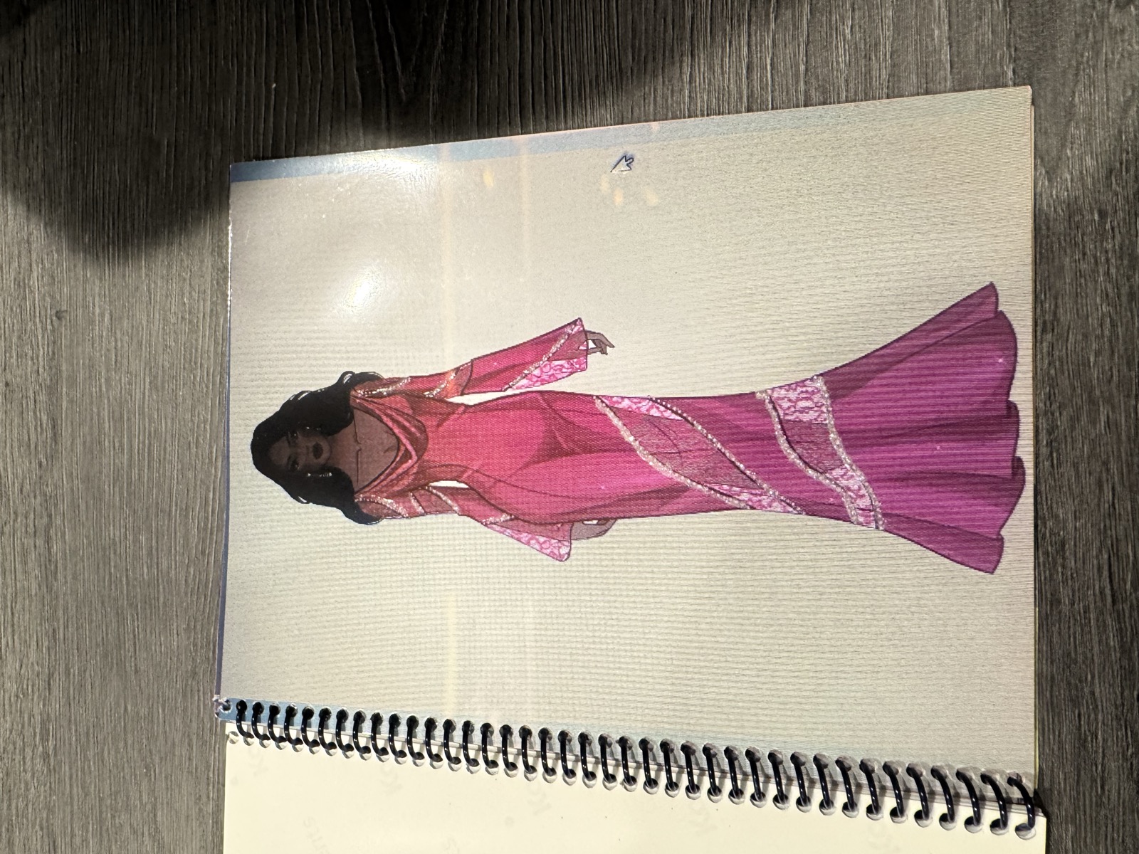 Sketch for Look 25 — magenta draped gown with silver trim