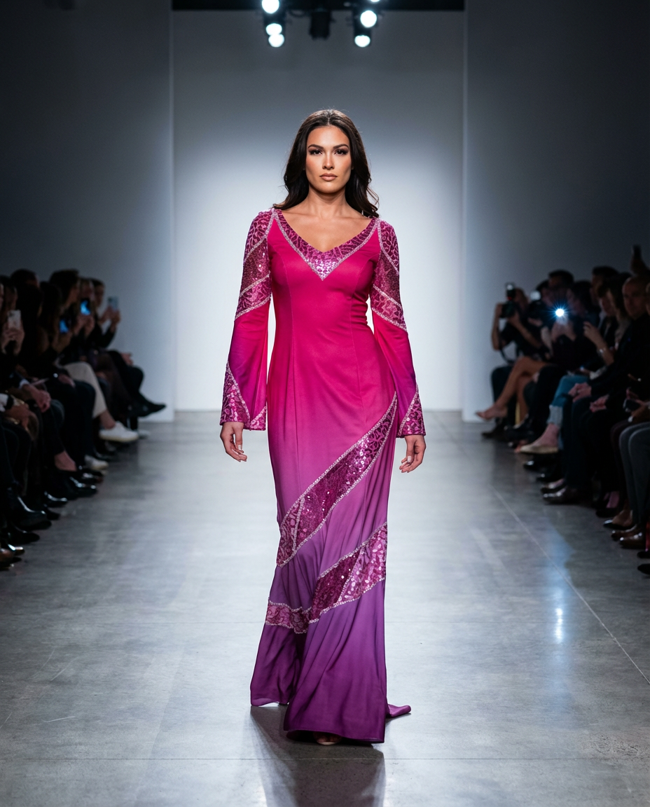 magenta draped gown with silver trim