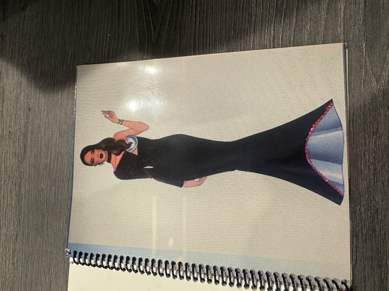 Sketch for Look 26 — black column with pink dip hem and chambray inset