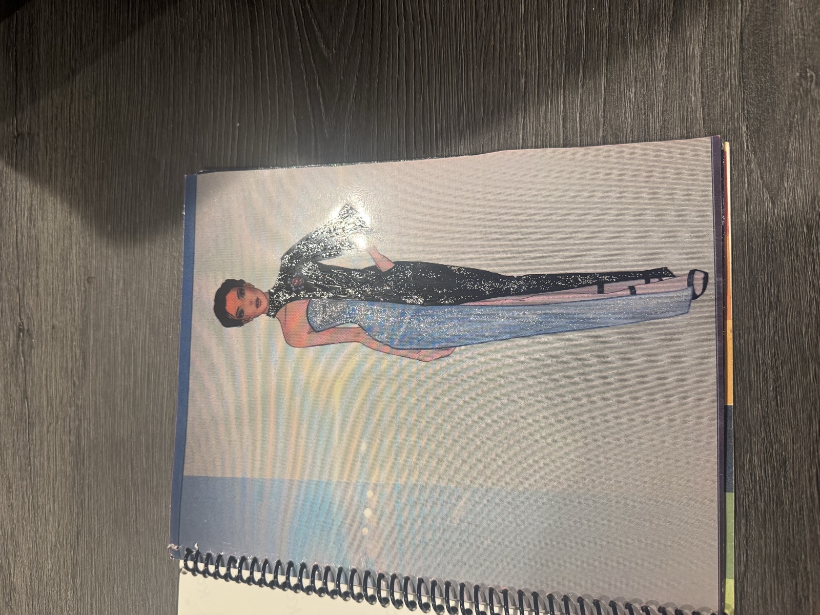 Sketch for Look 27 — black sequin top with pale blue flared pants