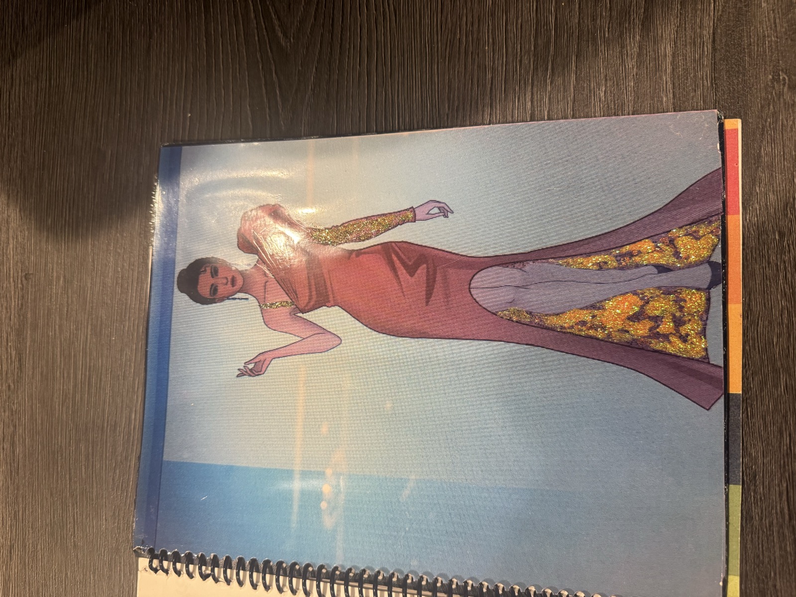 Sketch for Look 28 — coral gown with gold sequin shoulders and lavender cape