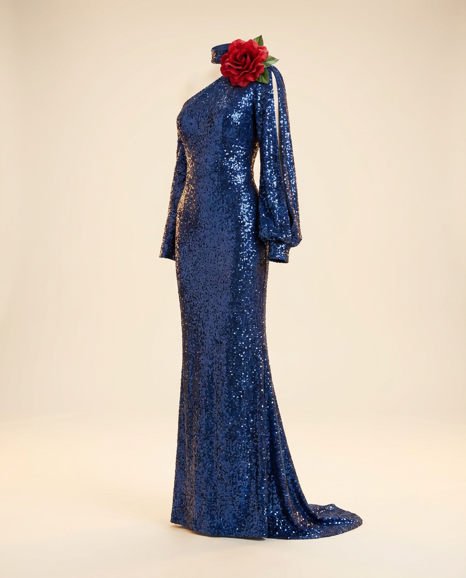 Oscar B. — navy sequin with rose shoulder