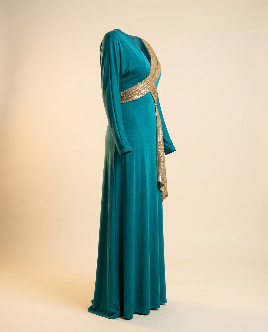 Oscar B. — teal gown with gold crystal sash