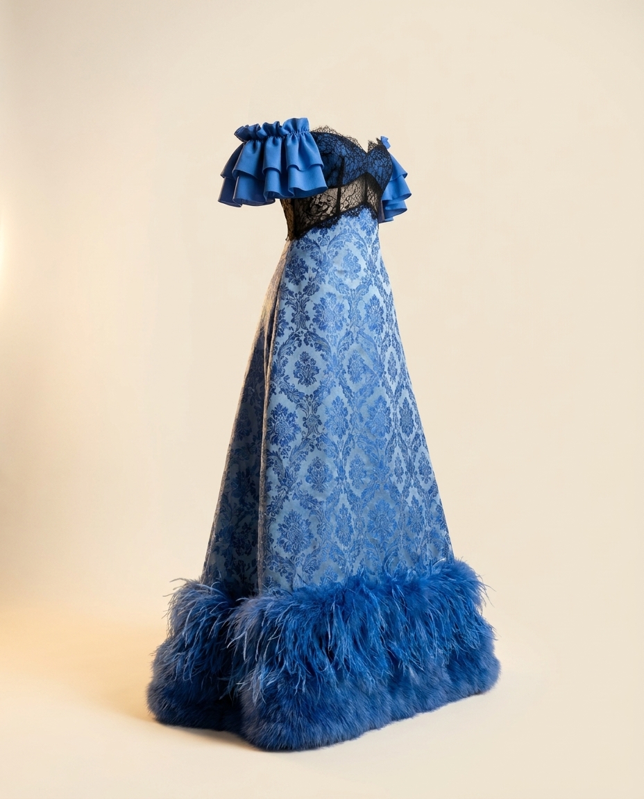 Oscar B. — blue sequin gown with feather trim