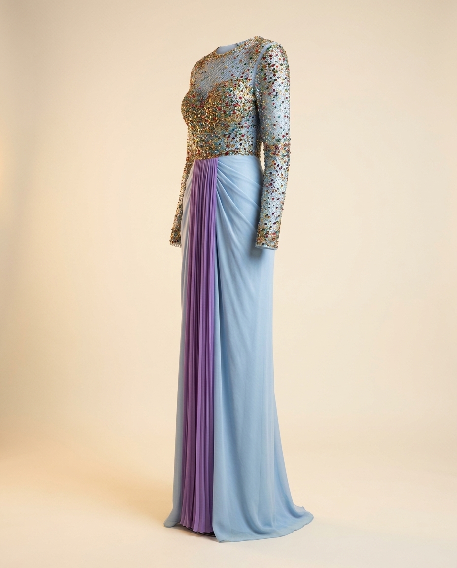Oscar B. — confetti sequin bodice with draped chiffon skirt