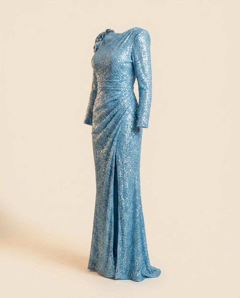 Oscar B. — pale blue sequin one-shoulder gown