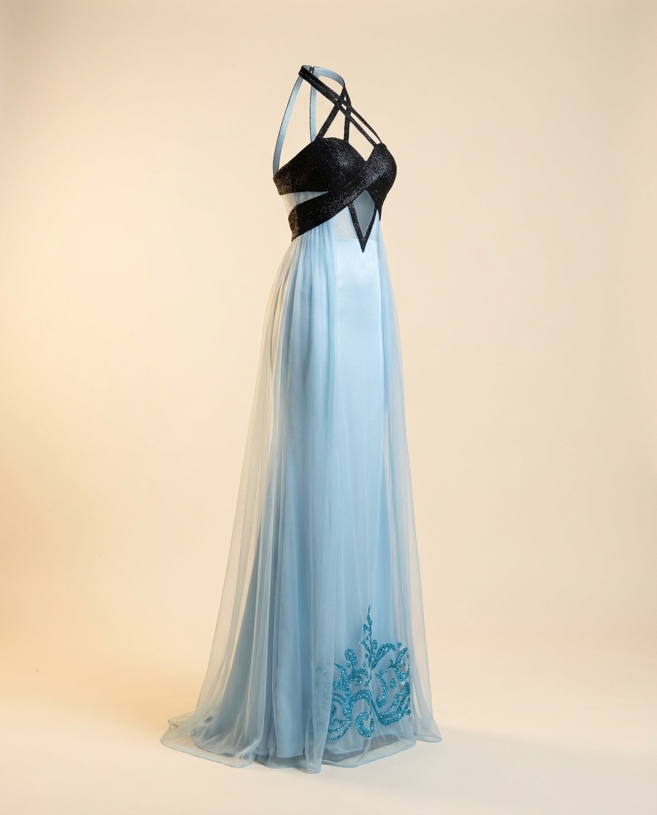 Oscar B. — teal bustier with translucent embroidered train