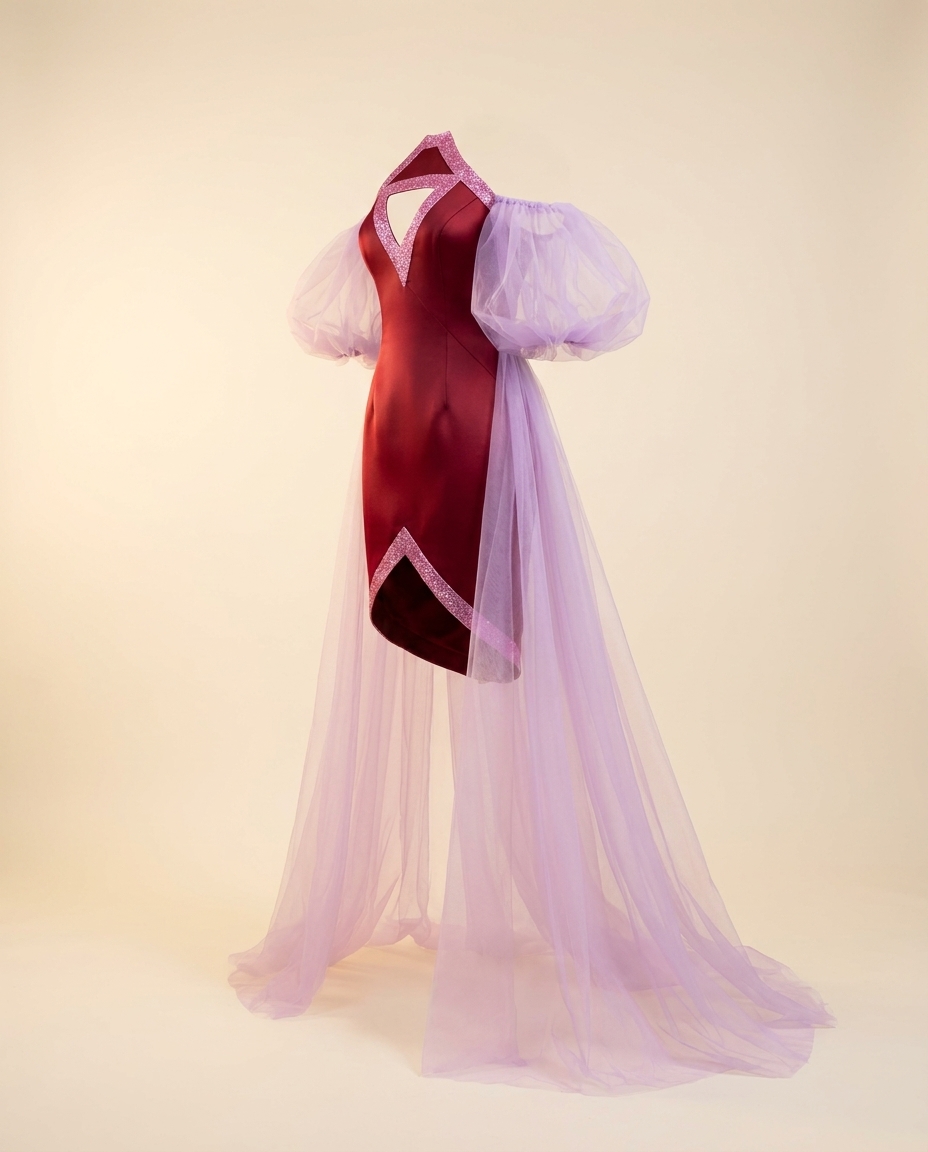 Oscar B. — wine velvet mini with lavender tulle overskirt
