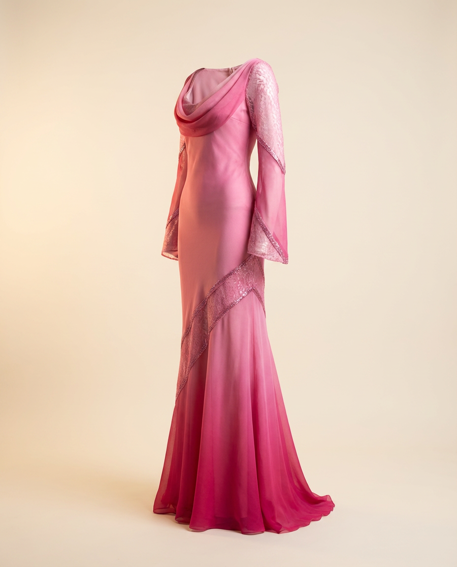 Oscar B. — magenta draped gown with silver trim