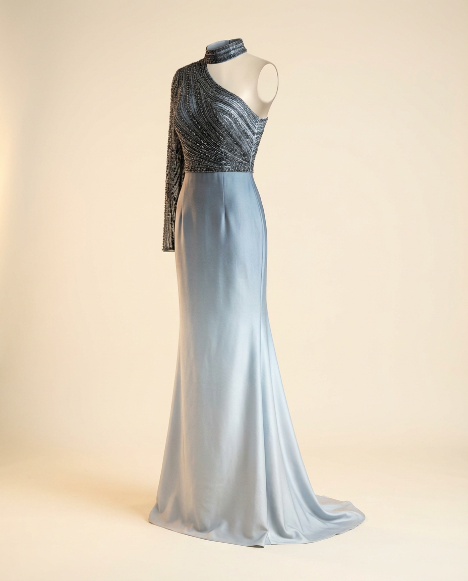 Oscar B. — black sequin top with pale blue flared pants