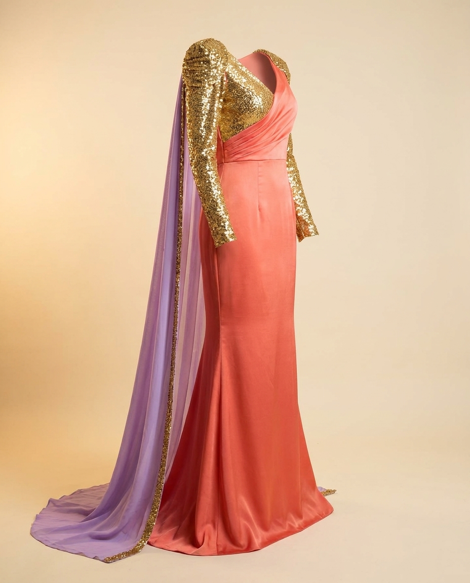 Oscar B. — coral gown with gold sequin shoulders and lavender cape