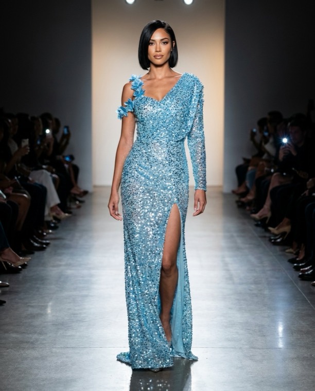 pale blue sequin one-shoulder gown